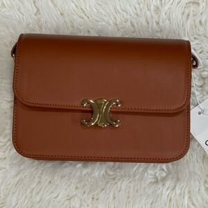 Celine Brown Leather Triomphe Shoulder Bag with Gold Hardware